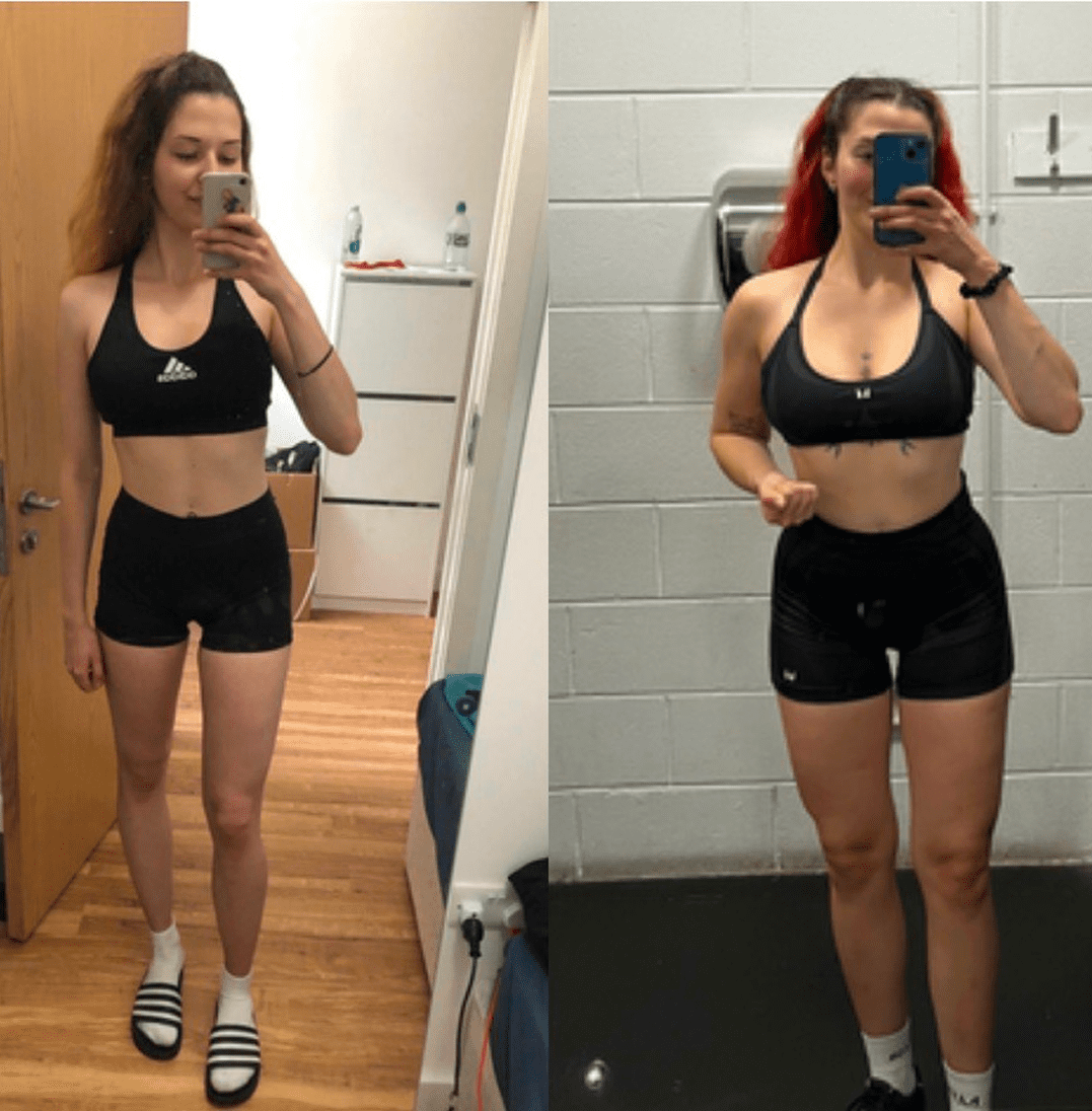 Two women showing fitness progress in gym mirrors.
