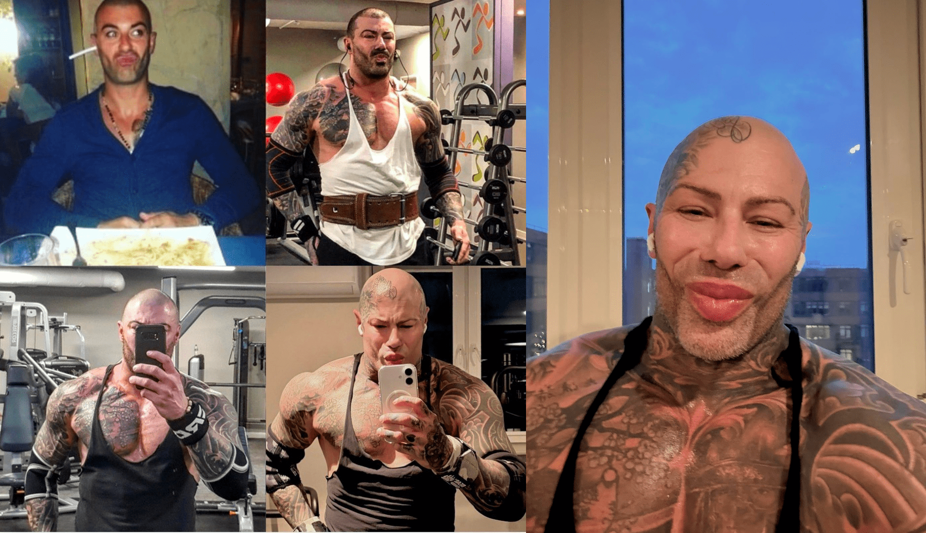 Four muscular men showing tattoos in various settings.