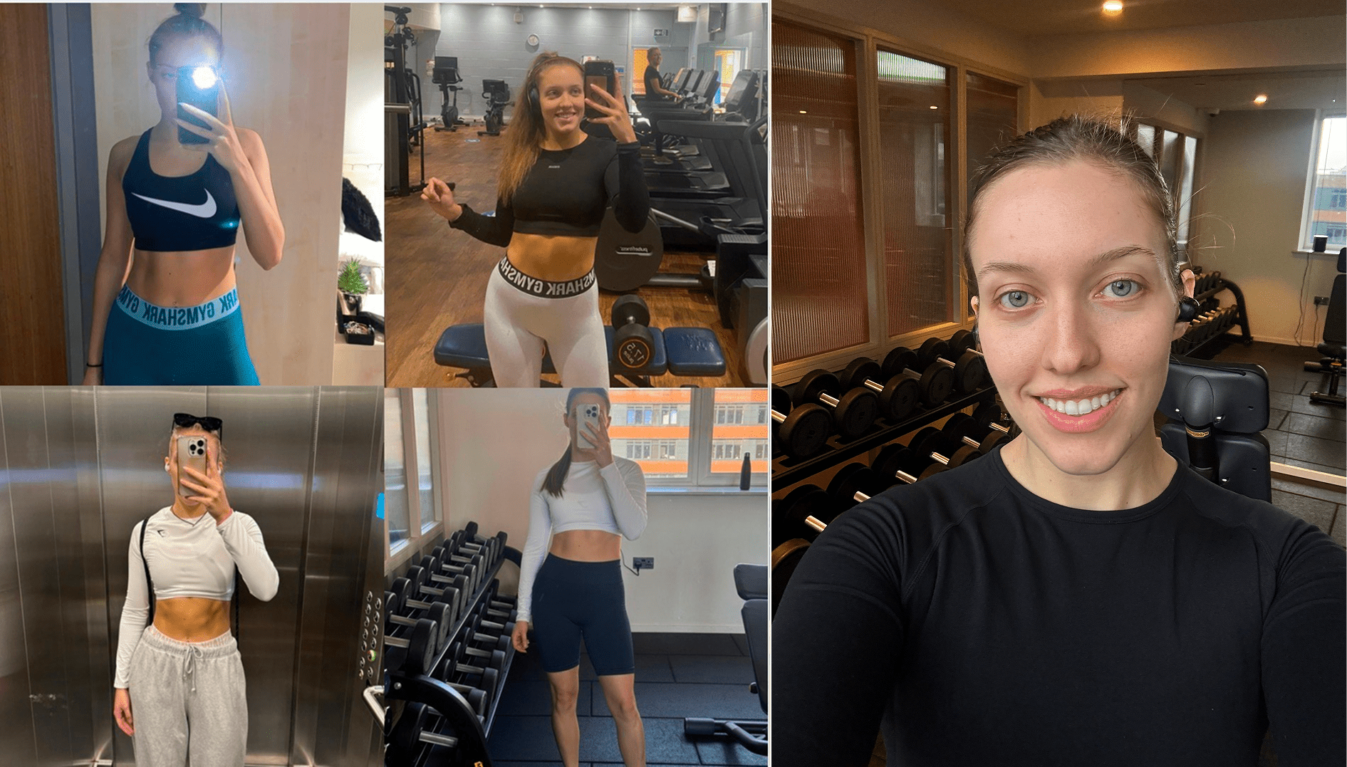 Women posing confidently in gym attire in a fitness center.