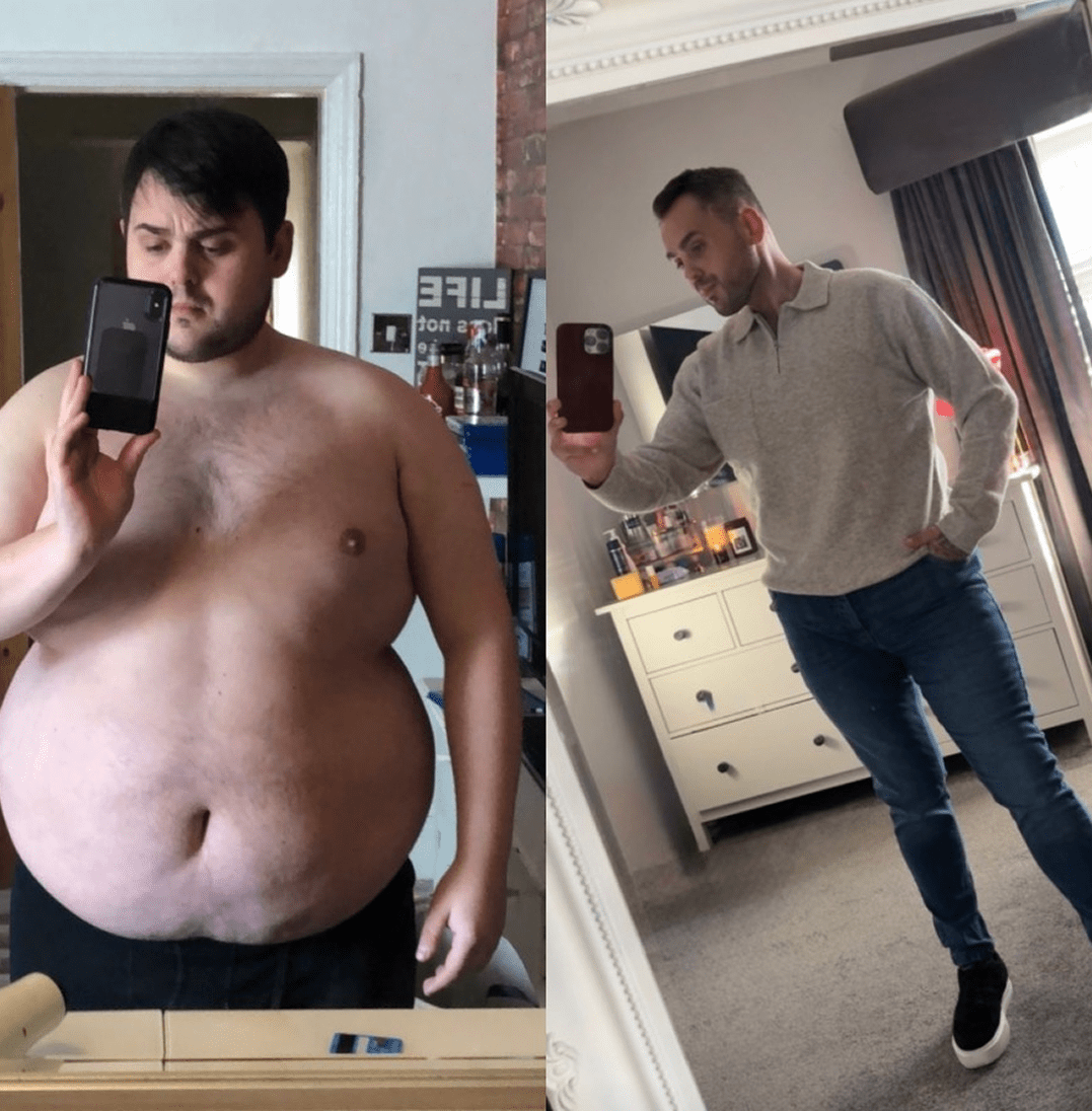 Side-by-side before and after weight loss transformation of a man.